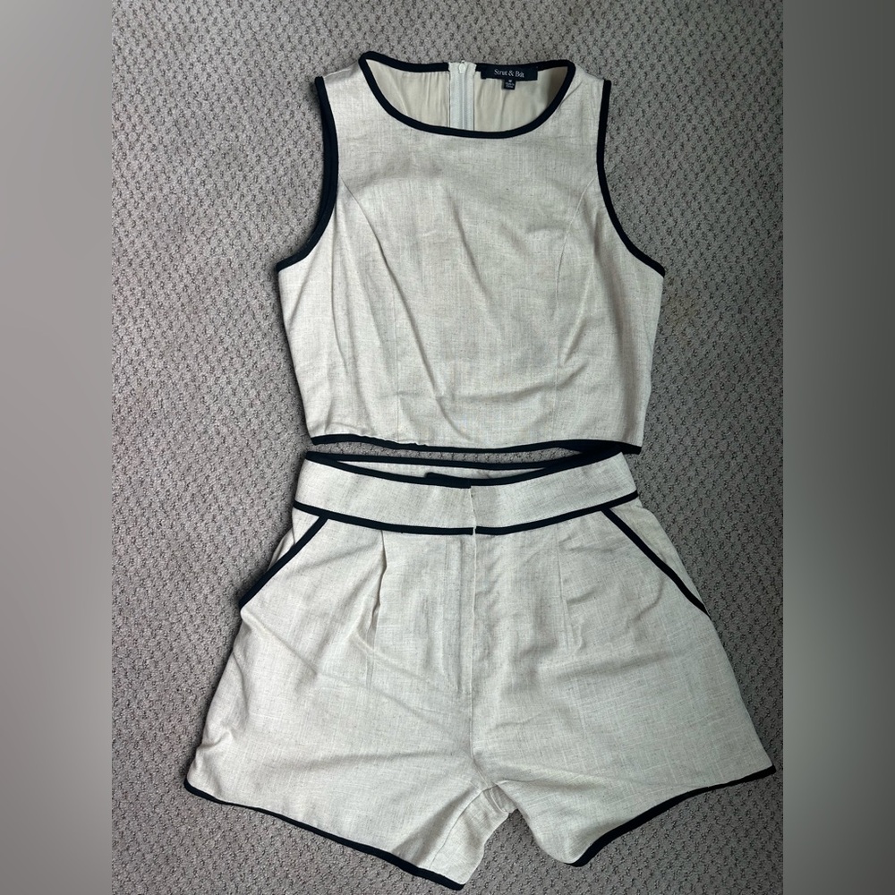 Strut & Bolt linen blend Two-Piece Tank Top and Shorts Set with Black Piping